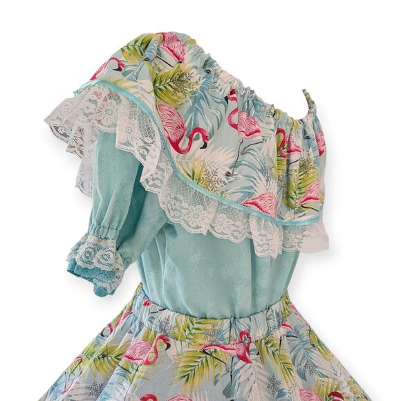 Square Dancing Dress Set - Christmas Flamingo Print Mediums aqua skirt & blouse - Picture 11 of 15